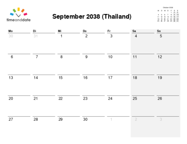 Kalender für 2038 in Thailand
