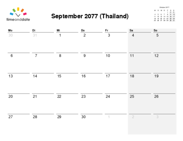 Kalender für 2077 in Thailand