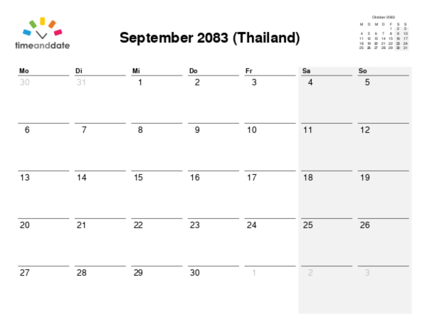 Kalender für 2083 in Thailand