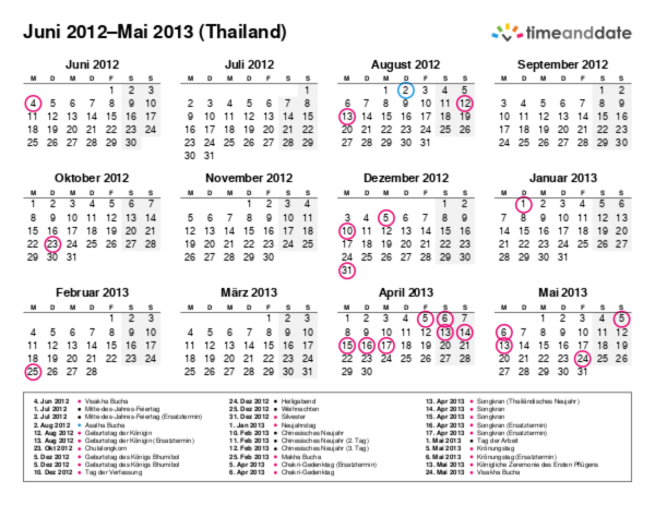 Kalender für 2012 in Thailand