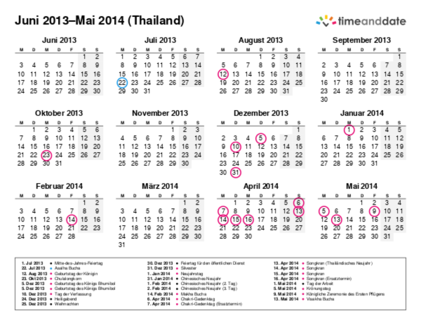Kalender für 2013 in Thailand