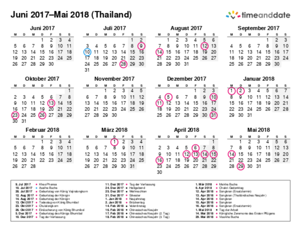 Kalender für 2017 in Thailand