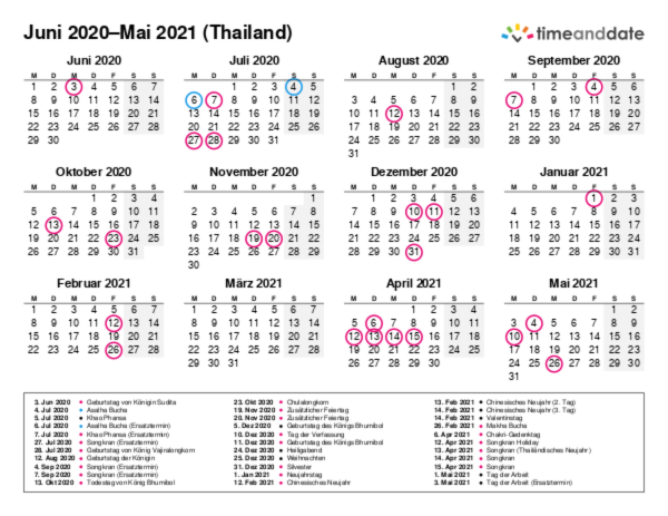 Kalender für 2020 in Thailand