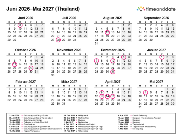 Kalender für 2026 in Thailand