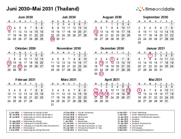 Kalender für 2030 in Thailand