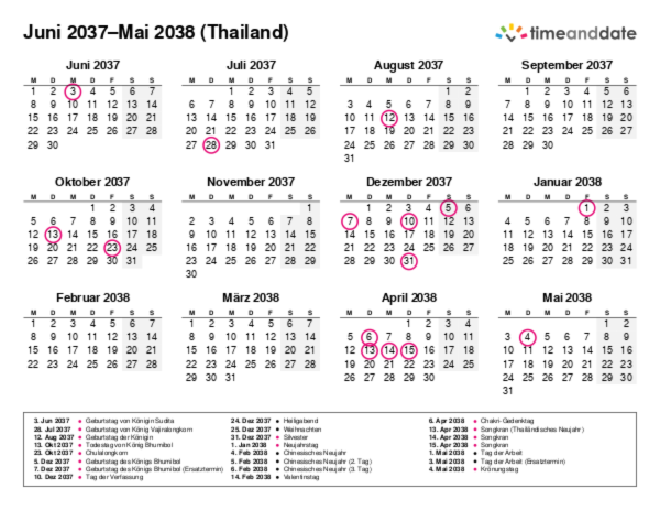 Kalender für 2037 in Thailand