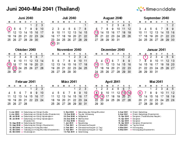 Kalender für 2040 in Thailand
