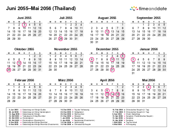 Kalender für 2055 in Thailand