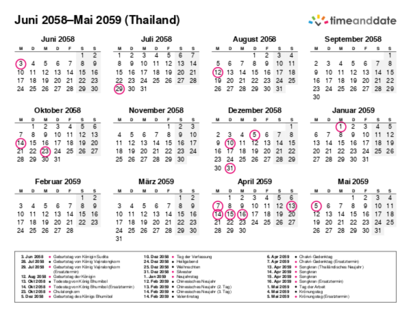 Kalender für 2058 in Thailand