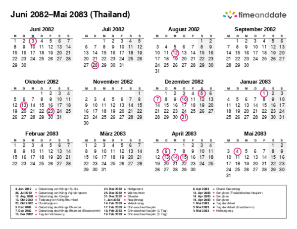 Kalender für 2082 in Thailand