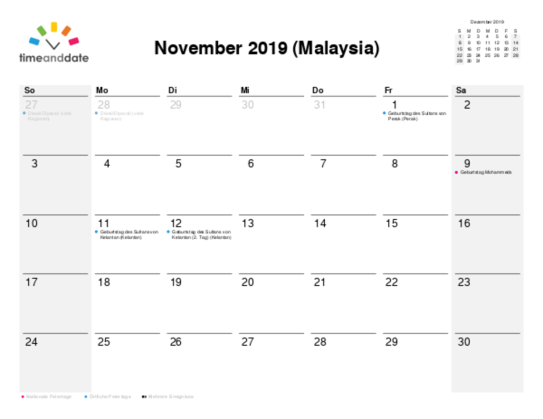 Kalender für 2019 in Malaysia