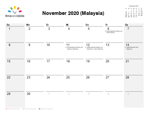 Kalender für 2020 in Malaysia