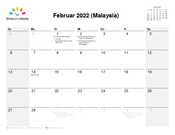 Kalender für 2022 in Malaysia