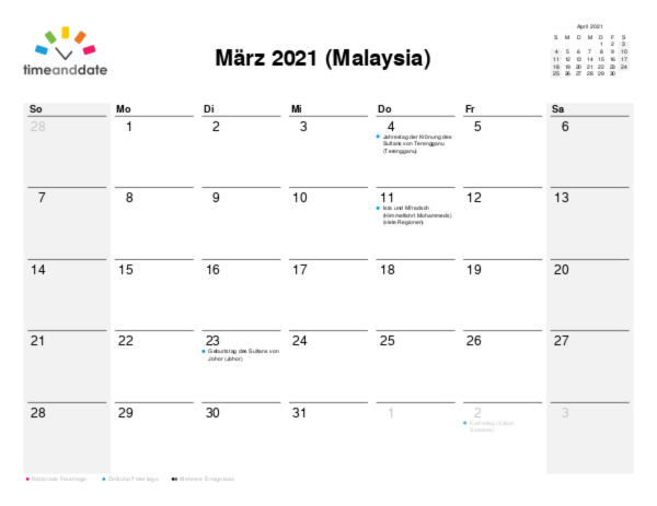 Kalender für 2021 in Malaysia