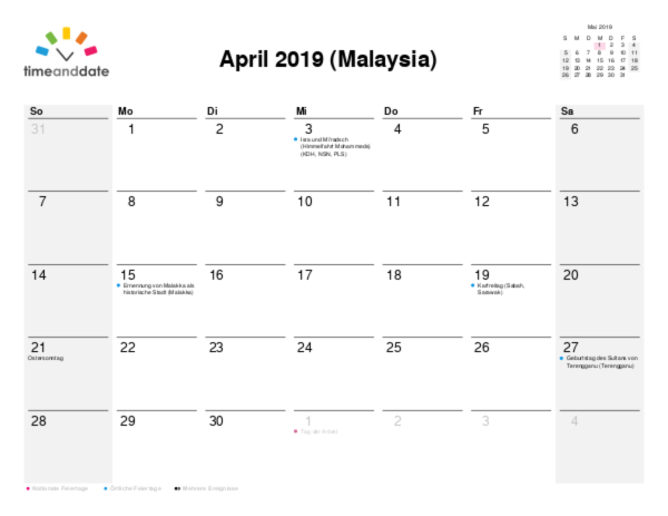 Kalender für 2019 in Malaysia