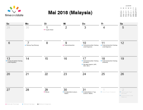 Kalender für 2018 in Malaysia