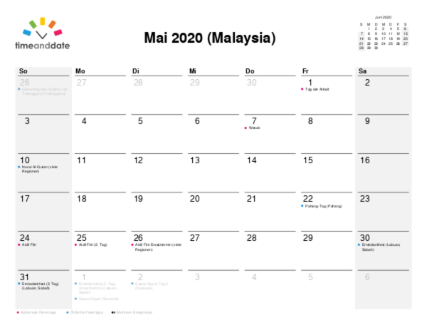 Kalender für 2020 in Malaysia