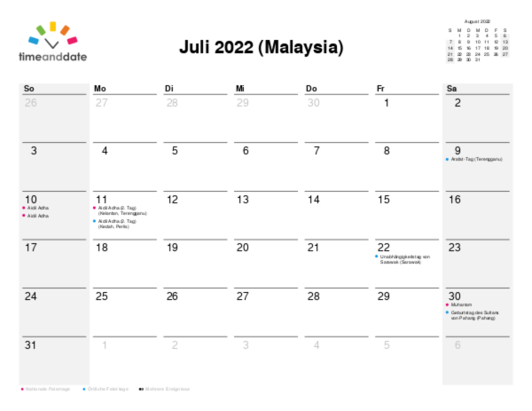 Kalender für 2022 in Malaysia