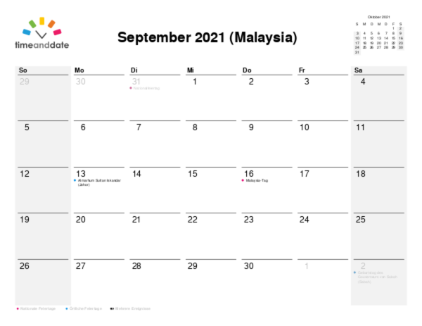 Kalender für 2021 in Malaysia