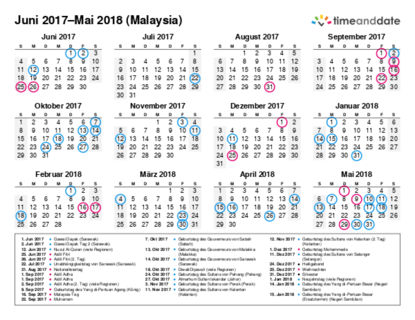Kalender für 2017 in Malaysia