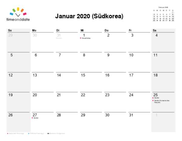 Kalender für 2020 in Südkorea