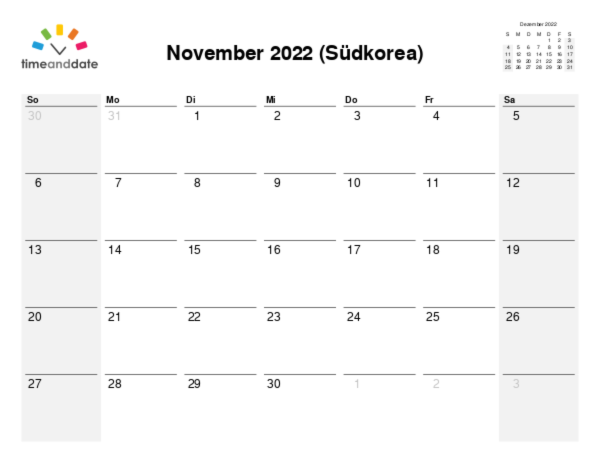Kalender für 2022 in Südkorea