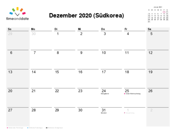 Kalender für 2020 in Südkorea