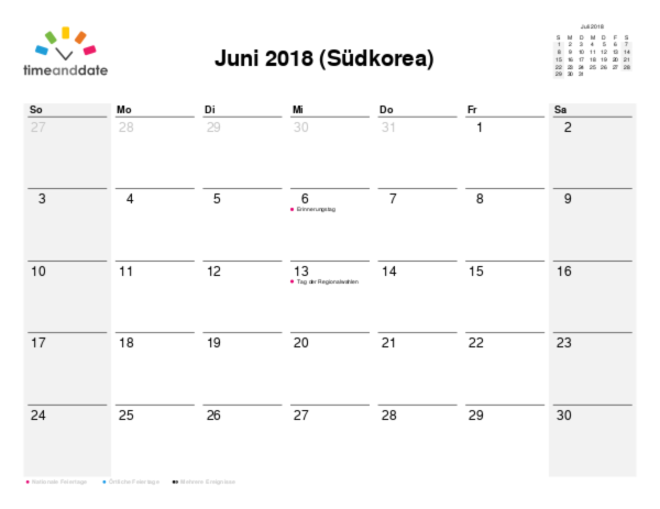 Kalender für 2018 in Südkorea