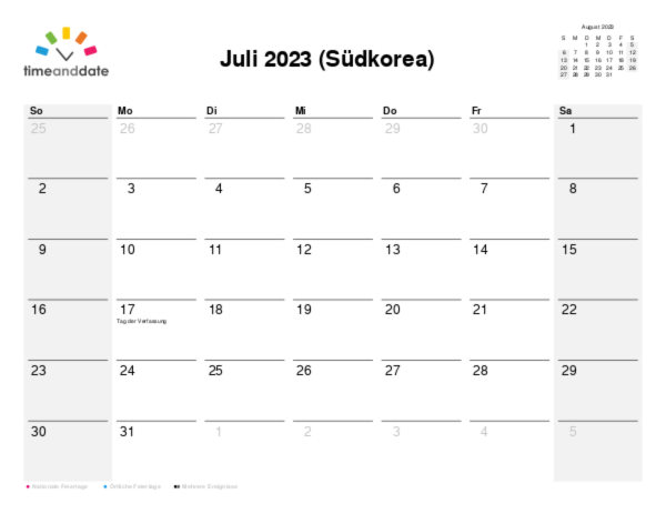 Kalender für 2023 in Südkorea