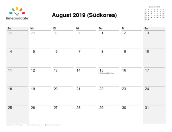Kalender für 2019 in Südkorea