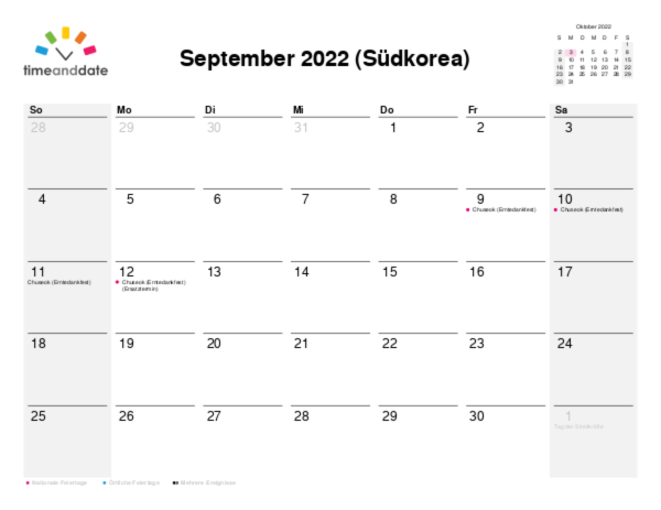 Kalender für 2022 in Südkorea