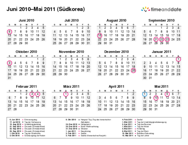 Kalender für 2010 in Südkorea