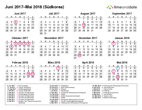 Kalender für 2017 in Südkorea