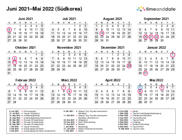 Kalender für 2021 in Südkorea
