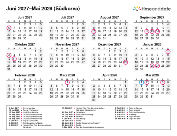Kalender für 2027 in Südkorea