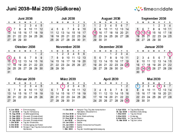Kalender für 2038 in Südkorea