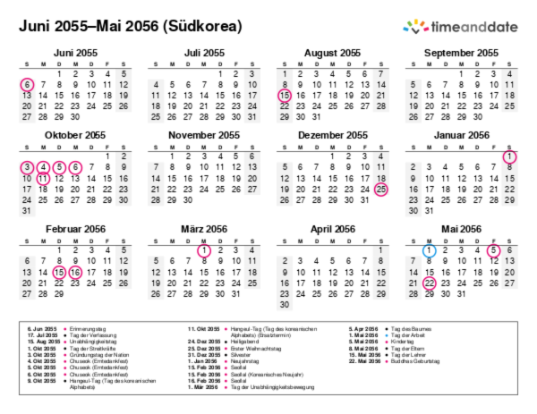 Kalender für 2055 in Südkorea