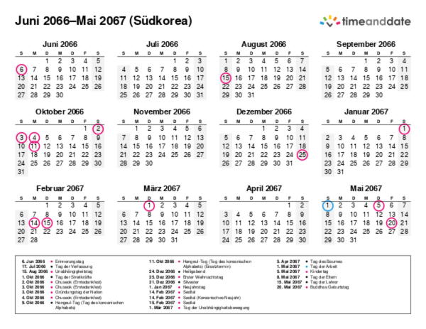 Kalender für 2066 in Südkorea