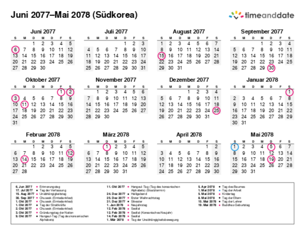 Kalender für 2077 in Südkorea