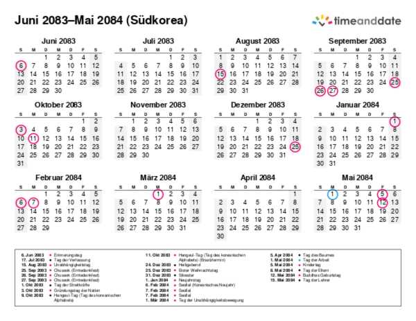 Kalender für 2083 in Südkorea