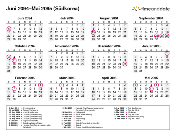 Kalender für 2094 in Südkorea