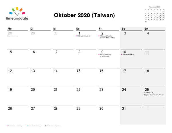Kalender für 2020 in Taiwan