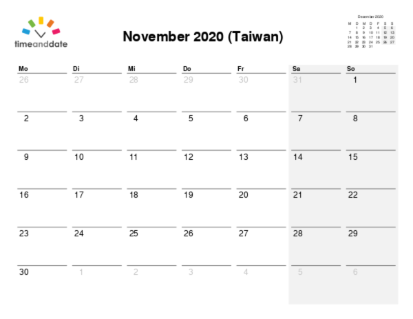Kalender für 2020 in Taiwan