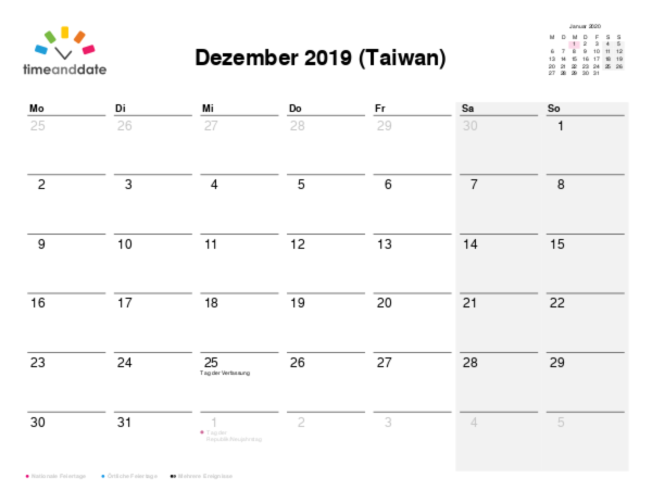 Kalender für 2019 in Taiwan