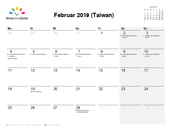 Kalender für 2019 in Taiwan