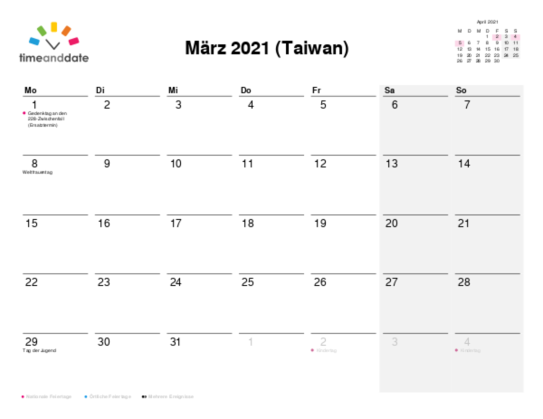 Kalender für 2021 in Taiwan