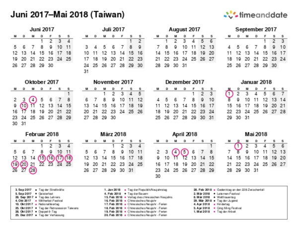 Kalender für 2017 in Taiwan