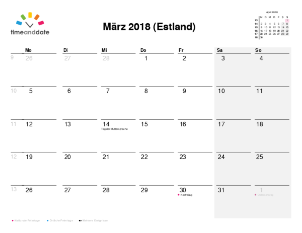 Kalender für 2018 in Estland