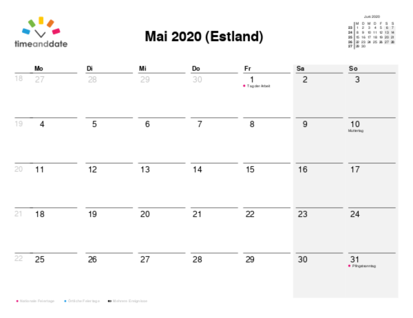 Kalender für 2020 in Estland