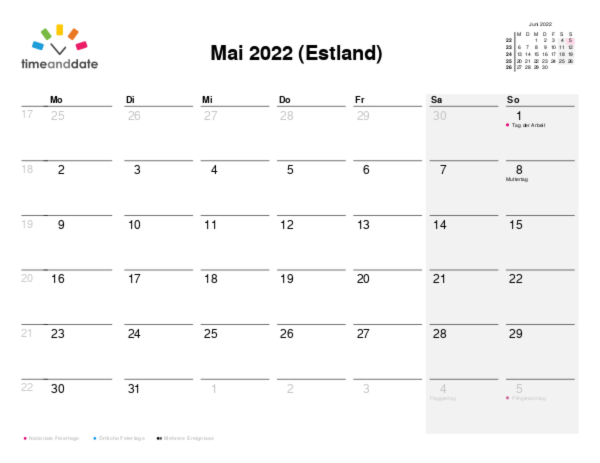 Kalender für 2022 in Estland